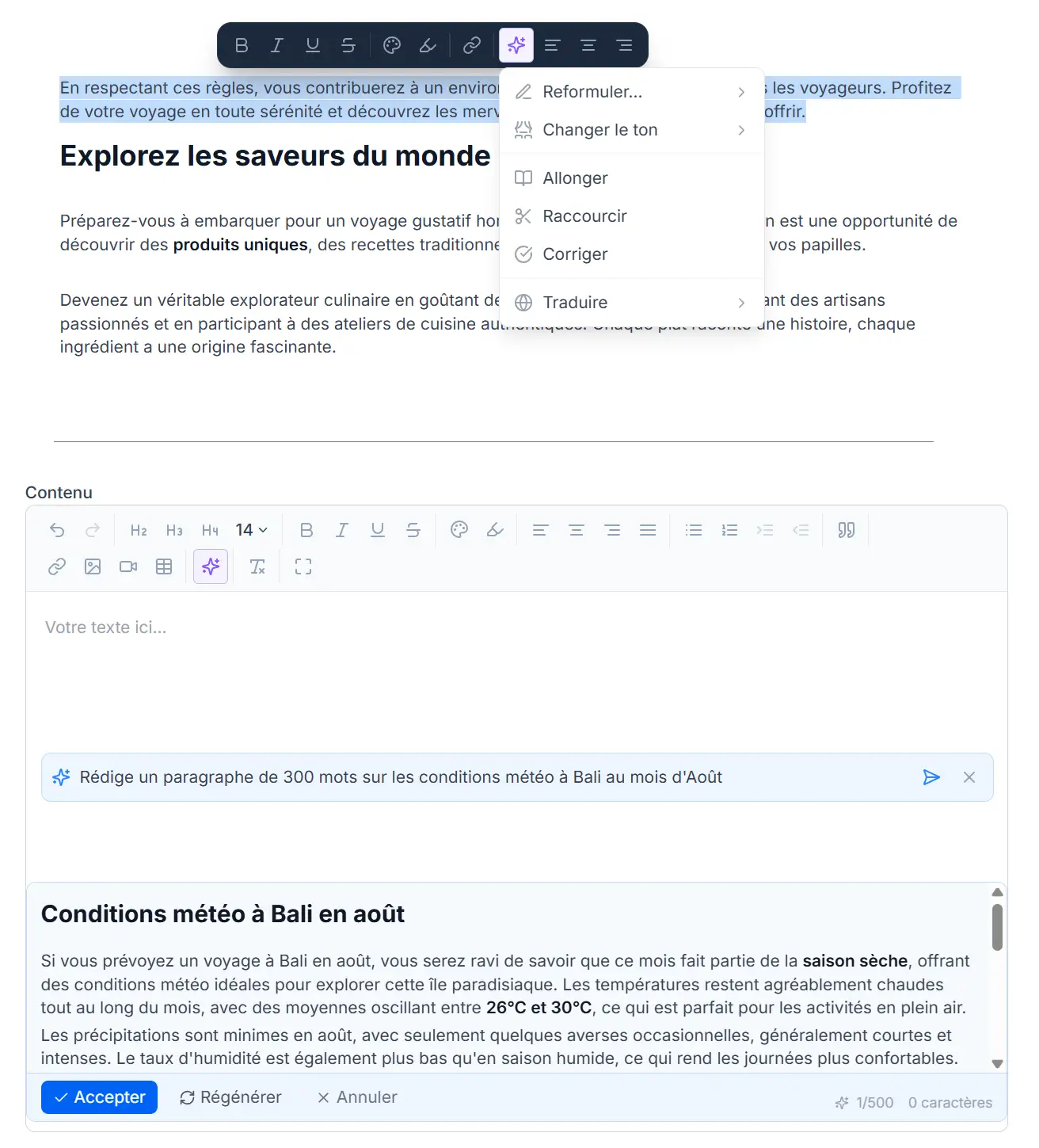Assistant IA intégré dans l'éditeur Iliade — 9 actions intelligentes