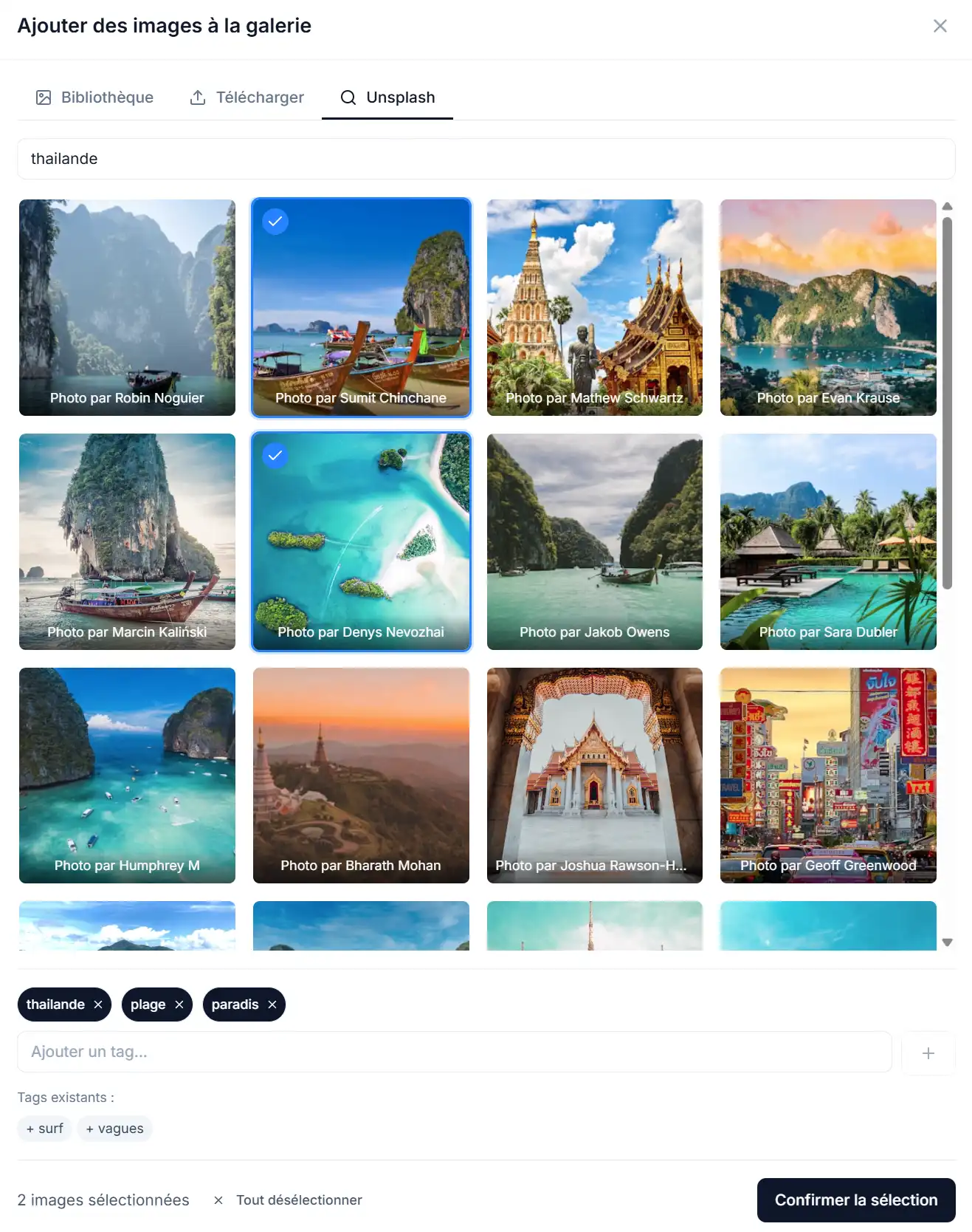 Galerie photos et recherche Unsplash dans l'éditeur Iliade